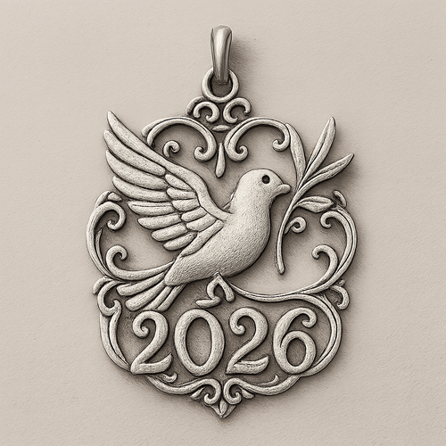Silver cut-out charm blending together the pigeon of peace hold an olive branch along the year 2026