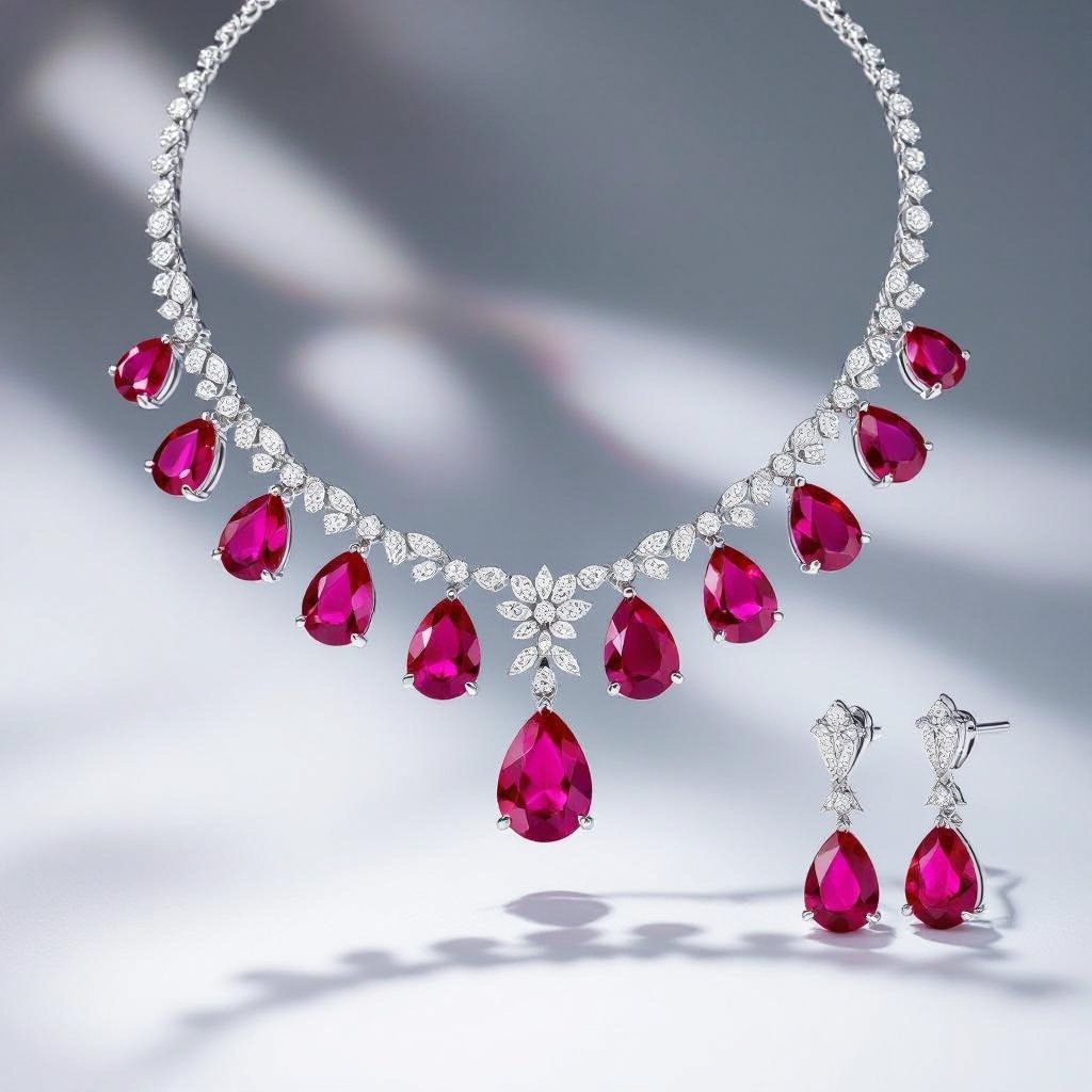 Ruby luxury necklace long pear drop style and luxury earring set Platinum necklace, ruby pear drops, diamond accents, prong setting. Matching platinum earrings, ruby pear drops, diamond accents, prong setting.