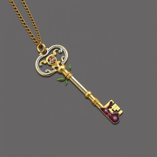 Old skeleton key shape gold and silver tones with olive branch turning on leg and keffieh print on the tip