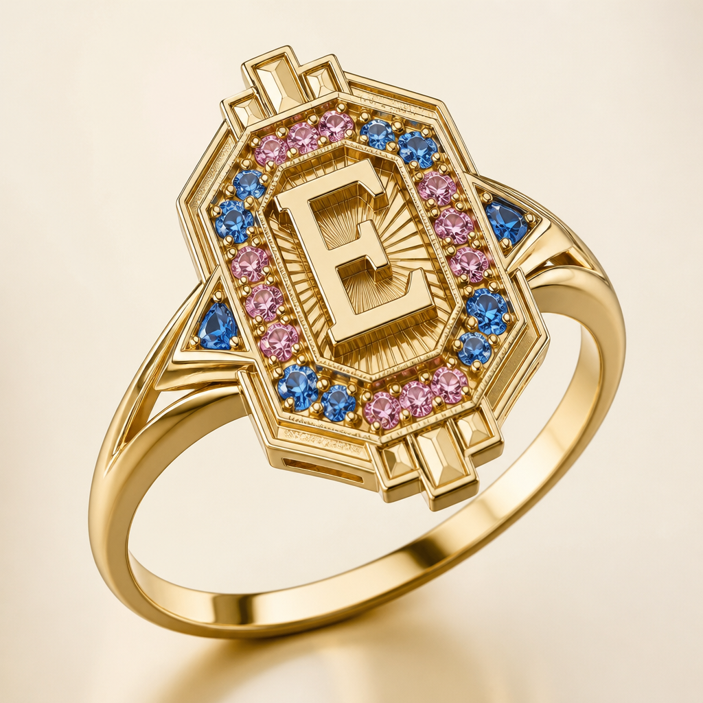 A art deco women's ring made of gold. um anel de 15 anos com inicial E com pedrinhas azul e pedrinhas rosa em volta
photorealistic jewelry design, A art deco women's ring made of gold. um anel de 15 anos com inicial E com pedrinhas azul e pedrinhas rosa em volta, art_deco style, just the design no text