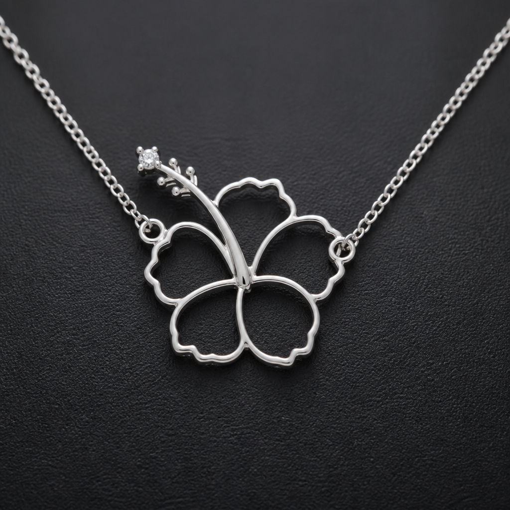 A women's necklace made of silver. hibicus vu de coté ligne fine et delicat ,tres petit diamand dans le milieu au bout de la tige interieur de la fleur vide, plus detail, 5 petales chaine de chaque coté, exotique
photorealistic jewelry design, A women's necklace made of silver. hibicus vu de coté ligne fine et delicat ,tres petit diamand dans le milieu au bout de la tige interieur de la fleur vide, plus detail, 5 petales chaine de chaque coté, exotique, modern style, just the design no text