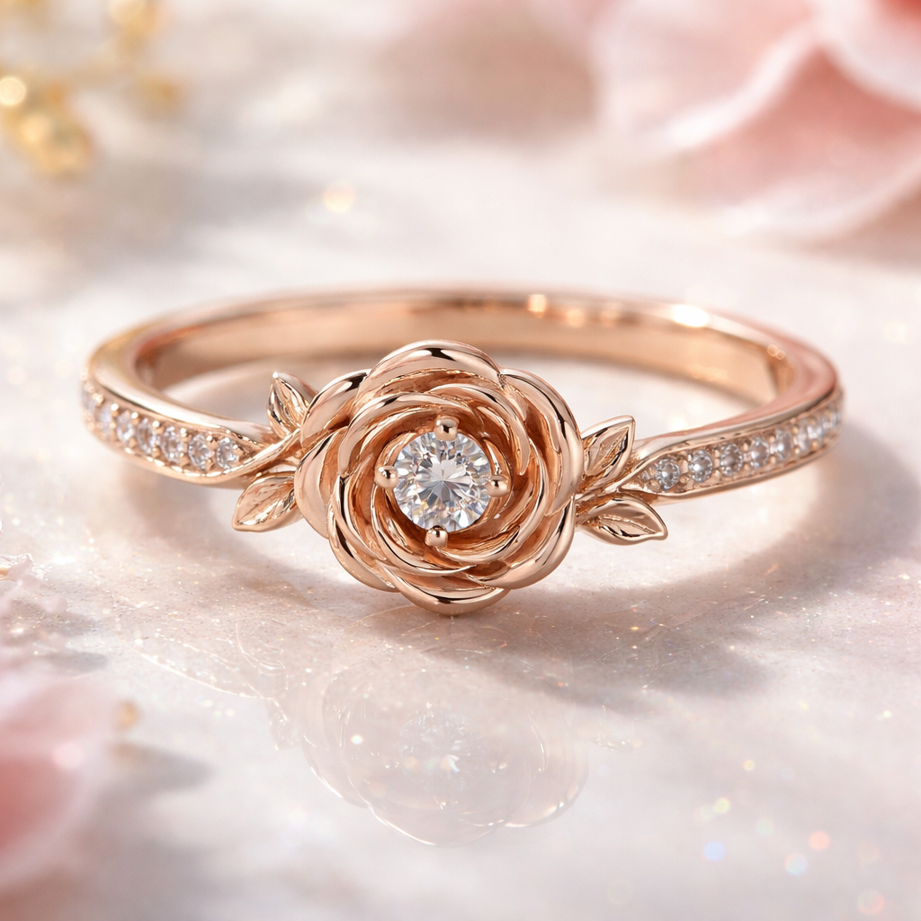 A romantic women's ring made of gold with diamond stones suitable for engagement. a delicate rose ring with a solitary diamond
A romantic women's ring made of gold with diamond stones suitable for engagement. a delicate rose ring with a solitary diamond, romantic style