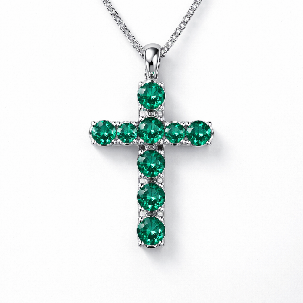 Circle cut emerald cross, white gold, simple accent diamonds, elegant and timeless
