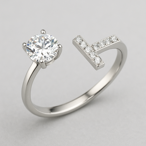 Disconnected pave t bar ring with 1 carat diamond on one side