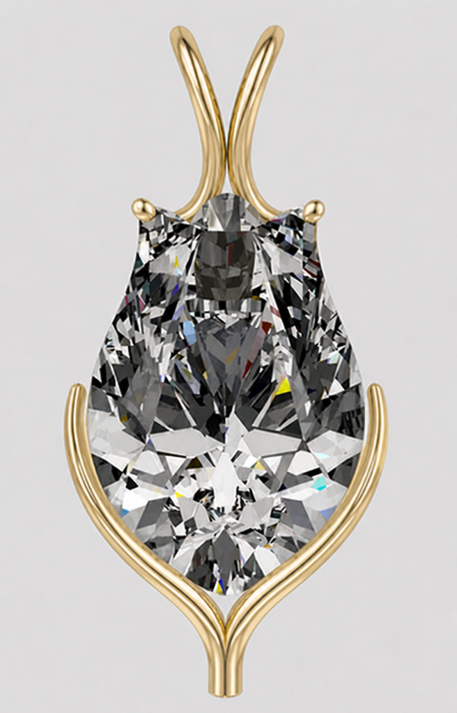 Edit this exact pendant. Preserve the stone and lower support. Add two delicate upper prongs near the upper shoulders. Create a proprietary split bail above the stone: two separate slender gold arms rise upward and form a narrow sculptural opening for the chain, reading as a refined signature feature rather than a standard loop. Keep it elegant, airy and luxurious.
when the bail is added, the design should still be unmistabley be a rosebud with the calyx, the prongs and the bail should enhance the sihouette of the rosebud
Edit this exact pendant. Preserve the stone and lower support. Add two delicate upper prongs near the upper shoulders. Create a proprietary split bail above the stone: two separate slender gold arms rise upward and form a narrow sculptural opening for the chain, reading as a refined signature feature rather than a standard loop. Keep it elegant, airy and luxurious.
when the bail is added, the design should still be unmistabley be a rosebud with the calyx, the prongs and the bail should enhance the sihouette of the rosebud