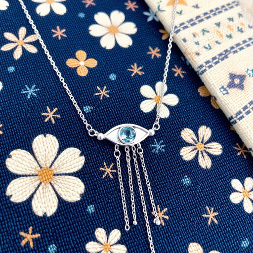 Тонкая цепочка с серебряными шариками и мелкими жемчужными камушками на цепочке есть кулон в форме глаза, зрачок глаза из аквамарина от глаза идет маленькая подвеска с серебряными цепочками разной длины