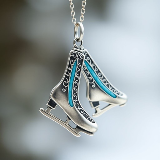 Silver pendant in the shape of ice skating blades with a turquoise stripe within the blade