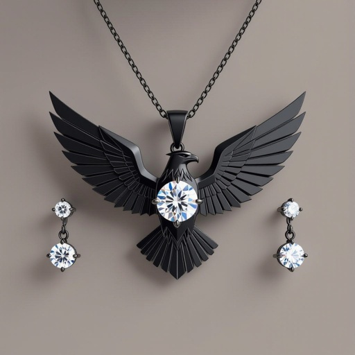 Geomatric modern eagle and wings with ring of architecture shape and voulume of complete set Design a contemporary pendant featuring a single, large diamond shaped like a wing, symbolizing freedom and elegance. The diamond is elegantly set in a sleek, minimalist rose gold frame that accentuates its brilliance. The modern aesthetic is enhanced with clean lines and asymmetry, making it a striking statement piece for the avant-garde wearer.
