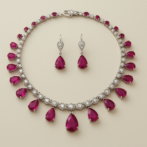 Colorful spinal luxury necklace long pear drop style and luxury earring set Platinum necklace, ruby pear drops, diamond accents, prong setting. Matching platinum earrings, ruby pear drops, diamond accents, prong setting.
