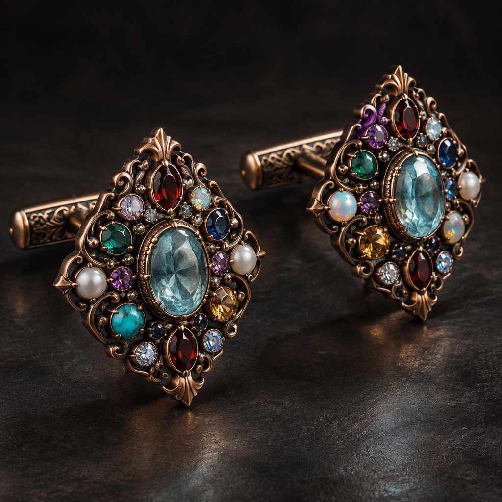 A victorian gothic men's cufflinks made of copper with turquoise and aquamarine and garnet and opal and amethyst and topaz and pearl and sapphire and emerald and diamond and ruby stones suitable for festival
photorealistic jewelry design, A victorian gothic men's cufflinks made of copper with turquoise and aquamarine and garnet and opal and amethyst and topaz and pearl and sapphire and emerald and diamond and ruby stones suitable for festival, victorian_gothic style, just the design no text