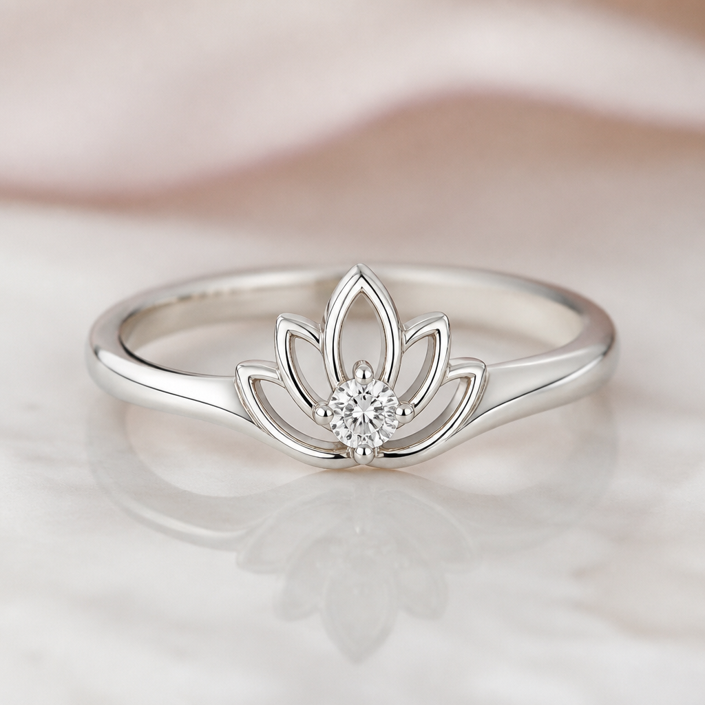 A minimalist women's ring made of silver with diamond stones. minimaliste avec un beau lotus delicat avec 1 diamant dans le milieu super féminin
photorealistic jewelry design, A minimalist women's ring made of silver with diamond stones. minimaliste avec un beau lotus delicat avec 1 diamant dans le milieu super féminin, minimalist style, just the design no text