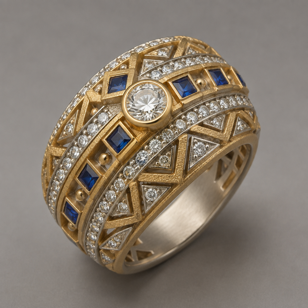A ethnic women's ring made of mixed metal with diamond and sapphire stones. design ring using 33 .10 carat diamonds, 7 .10 carat square sapphires, and one .50 carat round diamond. metals should be white and yellow gold with a matte finish. do not cluster gems.
photorealistic jewelry design, A ethnic women's ring made of mixed metal with diamond and sapphire stones. design ring using 33 .10 carat diamonds, 7 .10 carat square sapphires, and one .50 carat round diamond. metals should be white and yellow gold with a matte finish. do not cluster gems., ethnic style, just the design no text