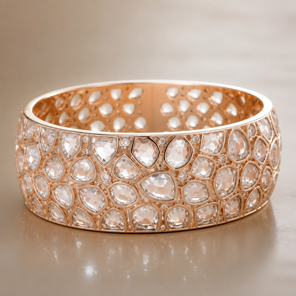 Soft wide bangle adorned with rose cut diamonds
photorealistic jewelry design, Soft wide bangle adorned with rose cut diamonds, modern style, just the design no text