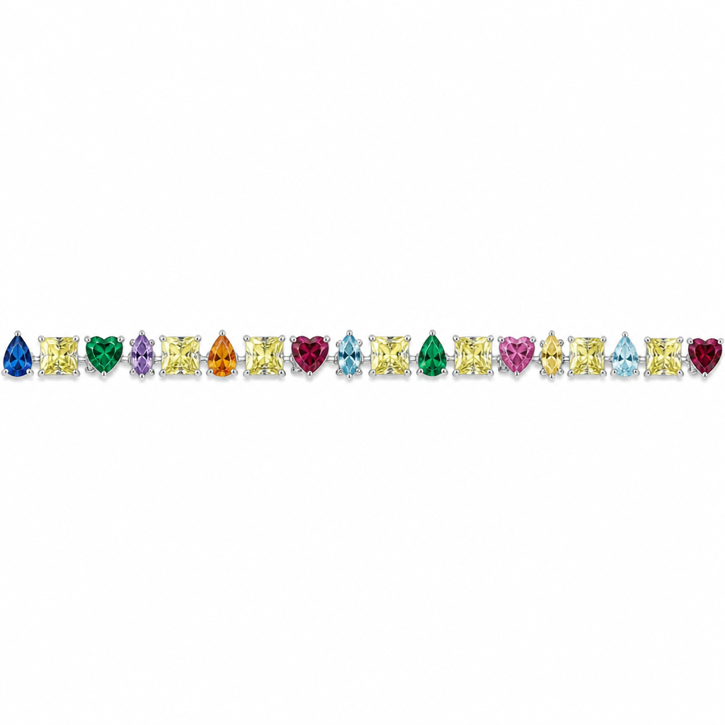 "pear, square, heart, marquis, square, pear,square, heart, marquis, square, pear, square, heart, marquis, square, pear, square, heart in different precious gemstones and yellow colored diamond in silver setting
photorealistic jewelry design, "pear, square, heart, marquis, square, pear,square, heart, marquis, square, pear, square, heart, marquis, square, pear, square, heart in different precious gemstones and yellow colored diamond in silver setting, just the design no text