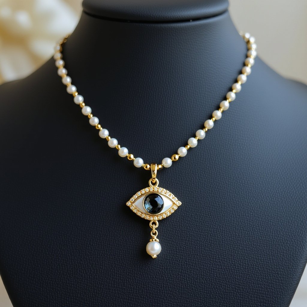 Тонкая цепочка с золотыми шариками и мелкими жемчужными камушками на цепочке есть кулон в форме глаза, зрачок глаза из раухтопаза от глаза идет маленькая подвеска с маленьким камушком 