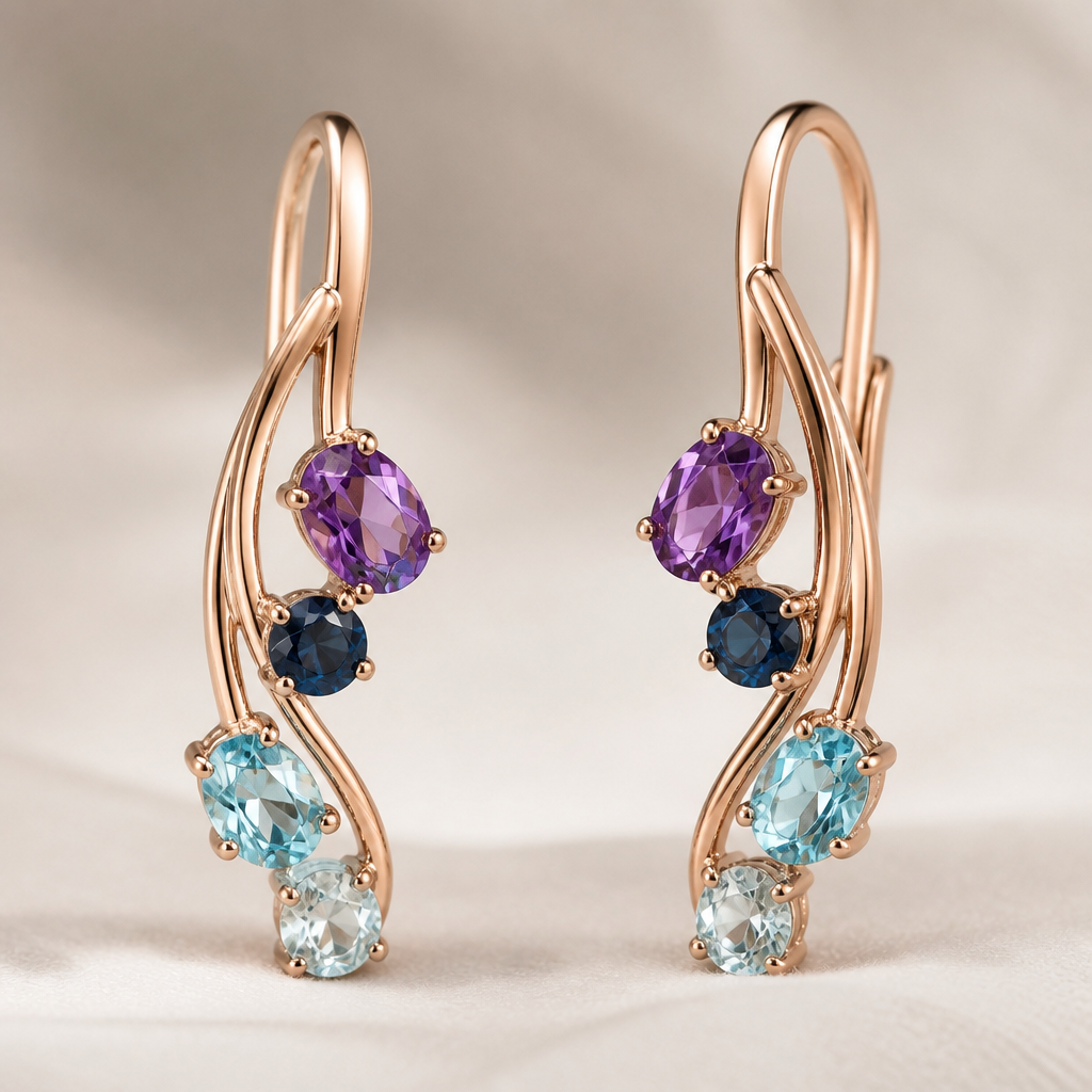 A contemporary women's earrings made of copper with amethyst and sapphire and aquamarine and topaz stones suitable for daily wear
photorealistic jewelry design, A contemporary women's earrings made of copper with amethyst and sapphire and aquamarine and topaz stones suitable for daily wear, contemporary style, just the design no text