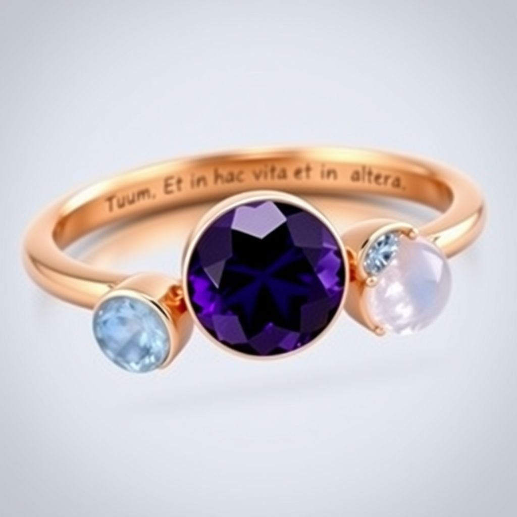 A simple, three stone 18 karat rose gold engagement ring set with a circular purple alexandrite. Also set with a small half moon blue chalcedony on one side right next to it, and a small half moon moonstone set on the other side right next to it. On the inside of the band, it has an inscription reading, “Tuum. Et in hac vita et in altera.”