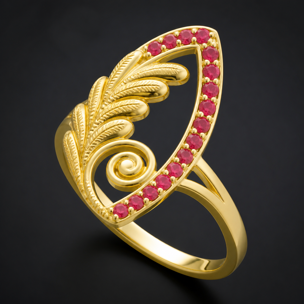 A women's ring. gold,sankha haaram with rubies
photorealistic jewelry design, A women's ring. gold,sankha haaram with rubies, modern style, just the design no text