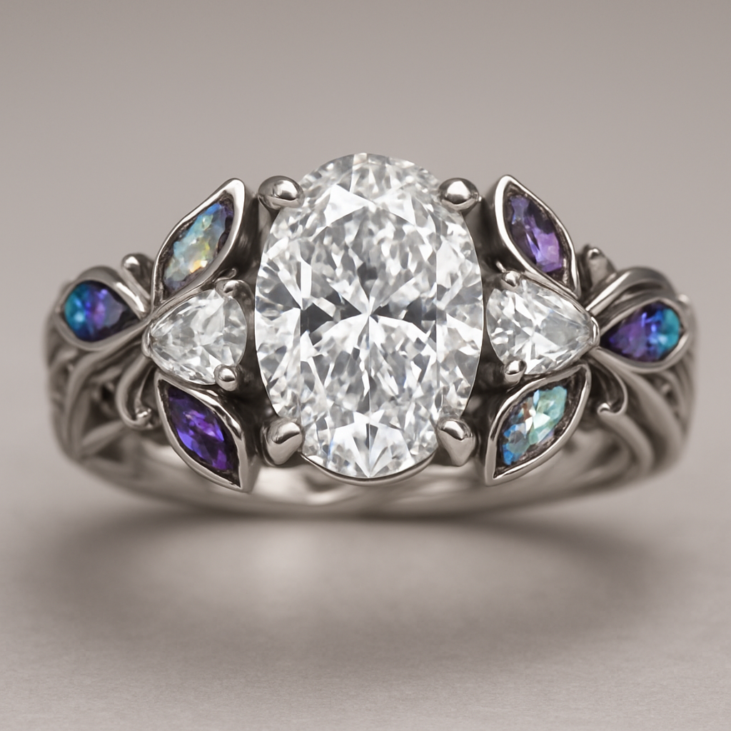 A silver engagement ring that has an oval lab diamond in the center and one on each side of the center one with more leaf design for the band to make it look bigger. The leaves should have a combo of opal and amethyst stones in them.  The band needs to have luxury twists design. Make the ring look more enchanting and more expensive.