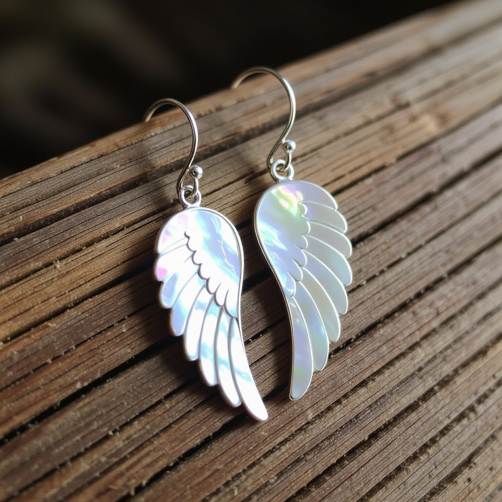 Серьги серебряные в виде белого крыла ангела из перламутра 