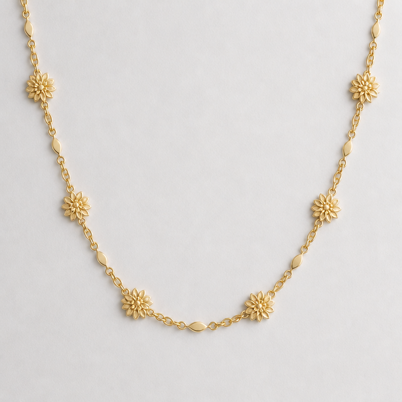 make the flowers look more like dahlias and make it 10k gold
edit the attached jewelry design with these instructions: make the flowers look more like dahlias and make it 10k gold. keep it photorealistic, just the design no text
