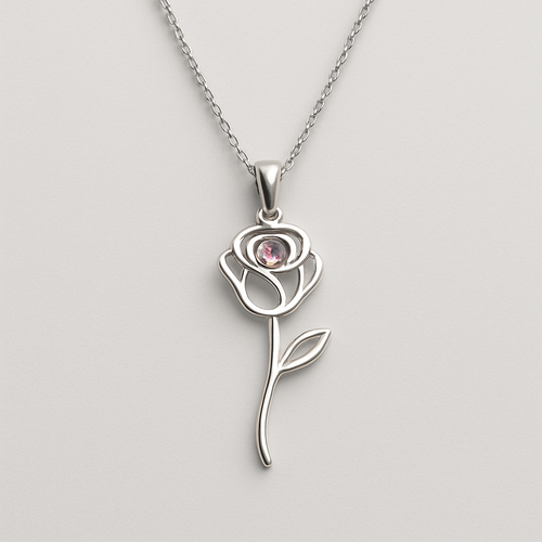 Create an earring with "Eternal Bloom" Necklace: A silver chain with a pendant of a small, stylized rose made from polished silver, with a single dewdrop-like pink cubic zirconia at its center.