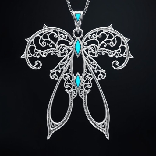 Silver pendant in the shape of ice skating blades with a turquoise stripe within the blade