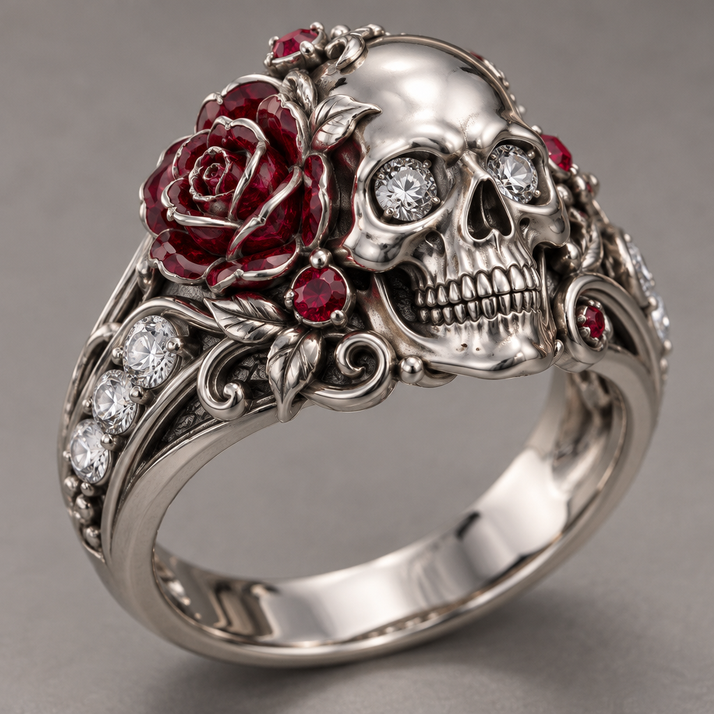 A luxury women's ring made of silver with diamond and ruby stones suitable for daily wear, detailed and decorative, moderately ornate. skull ring with rose on side of head with Ruby's. diamond eyes. 3 diamonds on each side of band
photorealistic jewelry design, A luxury women's ring made of silver with diamond and ruby stones suitable for daily wear, detailed and decorative, moderately ornate. skull ring with rose on side of head with Ruby's. diamond eyes. 3 diamonds on each side of band, luxury style, just the design no text