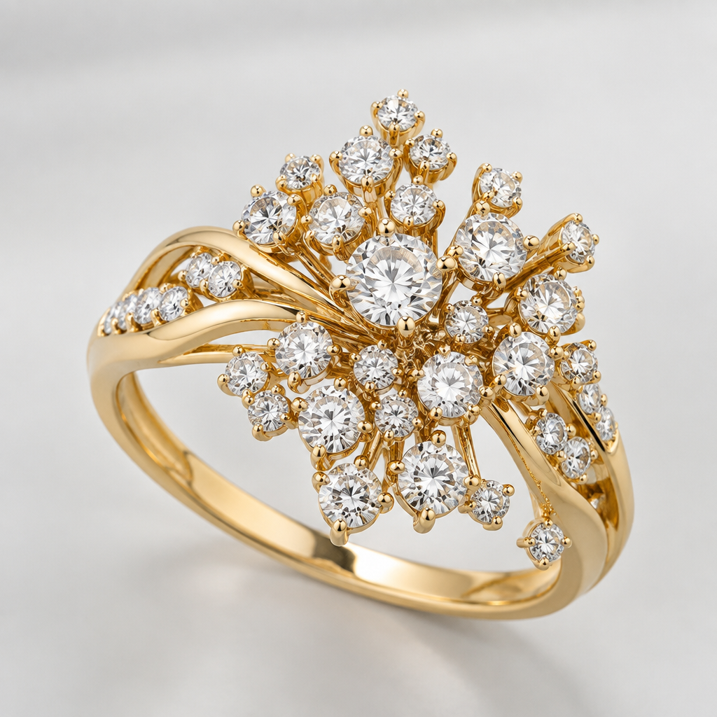 A contemporary women's ring made of gold with diamond stones. 34 cluster diamonds ranging in size, but no larger than .25 of a carat
photorealistic jewelry design, A contemporary women's ring made of gold with diamond stones. 34 cluster diamonds ranging in size, but no larger than .25 of a carat, contemporary style, just the design no text