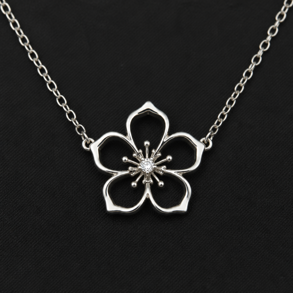A women's necklace made of silver. hibicus ligne fine et delicat ,diamand dans le milieu, interieur de la fleur vide, plus detail, 5 petales chaine de chaque coté, exotique style qui fait pensé à hawaî, naturel
photorealistic jewelry design, A women's necklace made of silver. hibicus ligne fine et delicat ,diamand dans le milieu, interieur de la fleur vide, plus detail, 5 petales chaine de chaque coté, exotique style qui fait pensé à hawaî, naturel, modern style, just the design no text