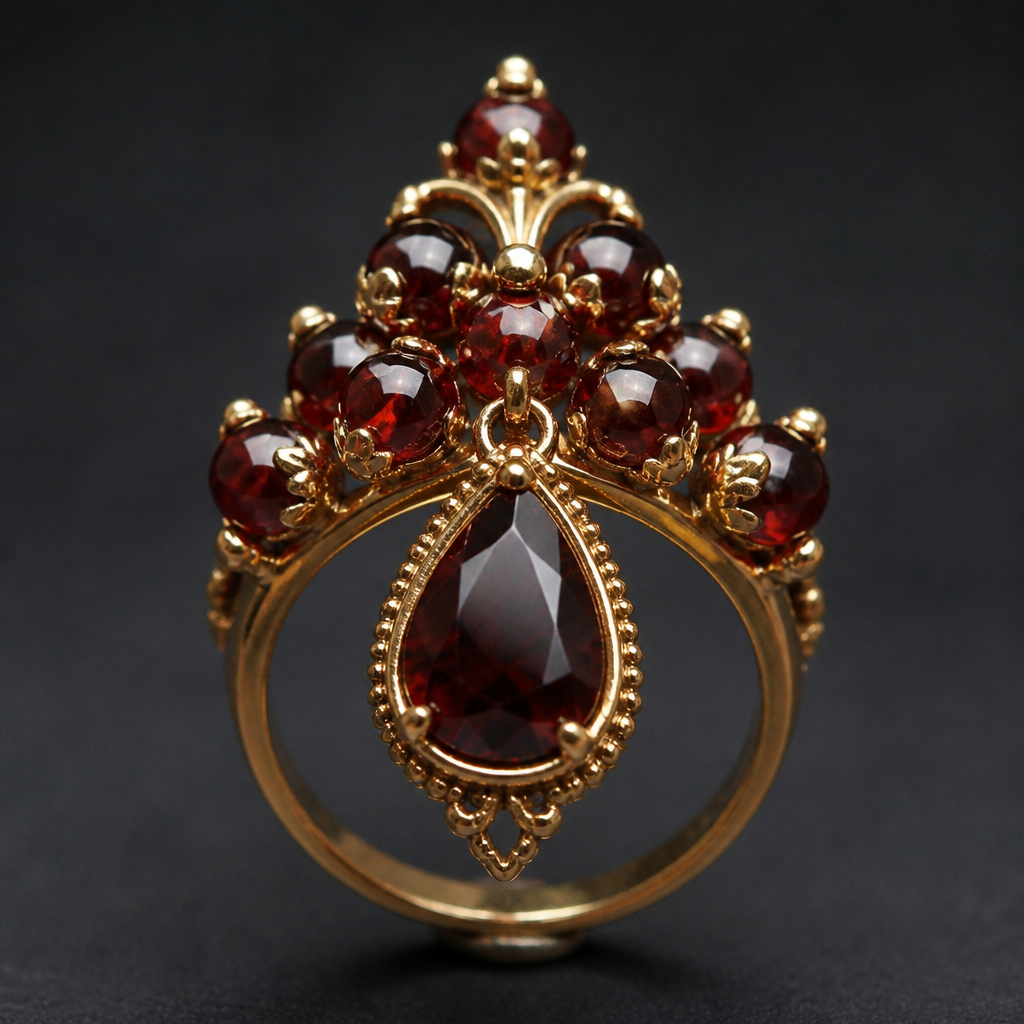 A vintage women's ring made of gold with garnet stones. Garnet beads with gold tone metal and large teardrop gem pendent
photorealistic jewelry design, A vintage women's ring made of gold with garnet stones. Garnet beads with gold tone metal and large teardrop gem pendent, vintage style, just the design no text