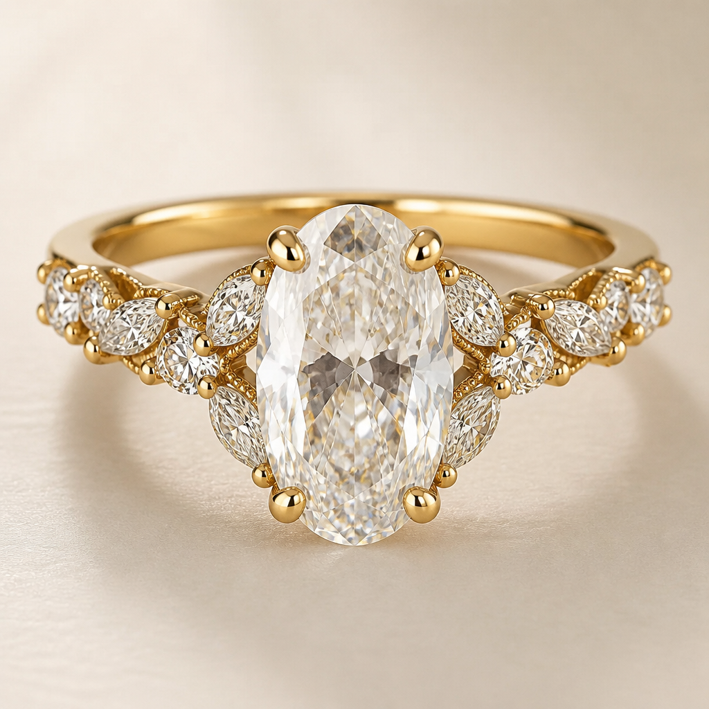 A luxury women's ring made of gold with diamond stones suitable for wedding, detailed and decorative, moderately ornate. кольцо с вытянутым камнем 3 карата
photorealistic jewelry design, A luxury women's ring made of gold with diamond stones suitable for wedding, detailed and decorative, moderately ornate. кольцо с вытянутым камнем 3 карата, luxury style, just the design no text