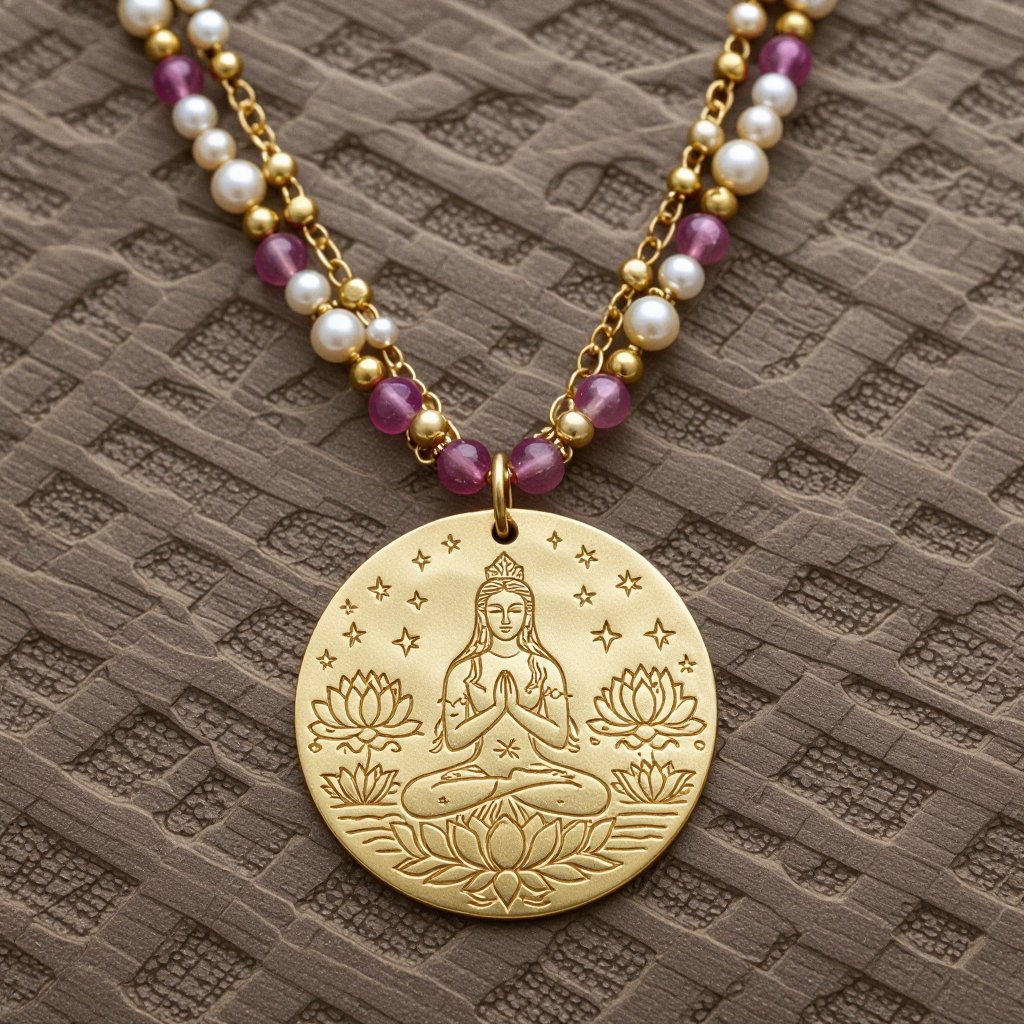Кулон на длинной цепочке. Матовое светлое золото. В цепочке небольшие золотые шарики и розовые камушки и жемчуга. Кулон в форме неровного мятого круга. На круге изображена девушка с длинными волосами лица не видно в молитве и позе лотоса нечетко. Круг украшен лотосами звездами волнами узорами