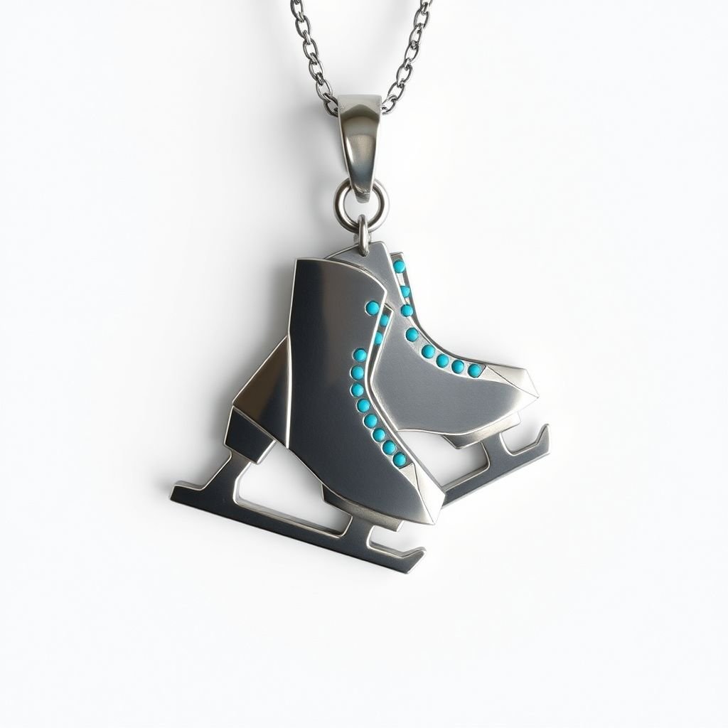 Pendant silver with stylized ice figure skating skates. Remove boots and leave only lowest part of skates. Add turquoise
