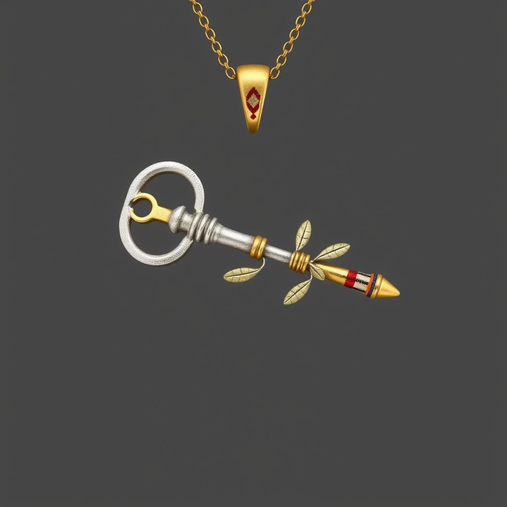 Old skeleton key shape gold and silver tones with olive branch turning on leg and keffieh print on the tip