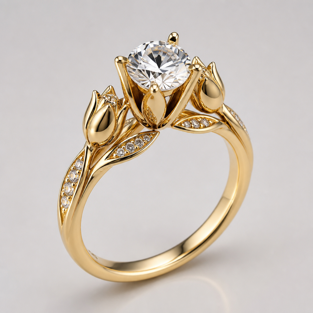 A modern women's ring made of gold with diamond stones suitable for engagement. un anillo de oro con detalles de tulipan a los lados con un diamante en la parte superior
photorealistic jewelry design, A modern women's ring made of gold with diamond stones suitable for engagement. un anillo de oro con detalles de tulipan a los lados con un diamante en la parte superior, modern style, just the design no text