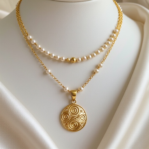 Кулон на длинной цепочке. Матовое светлое золото. В цепочке небольшие золотые шарики и жемчуг. Кулон в форме трех глаз, два горизонтально и один между ними сверху вертикально узоры завитушки 