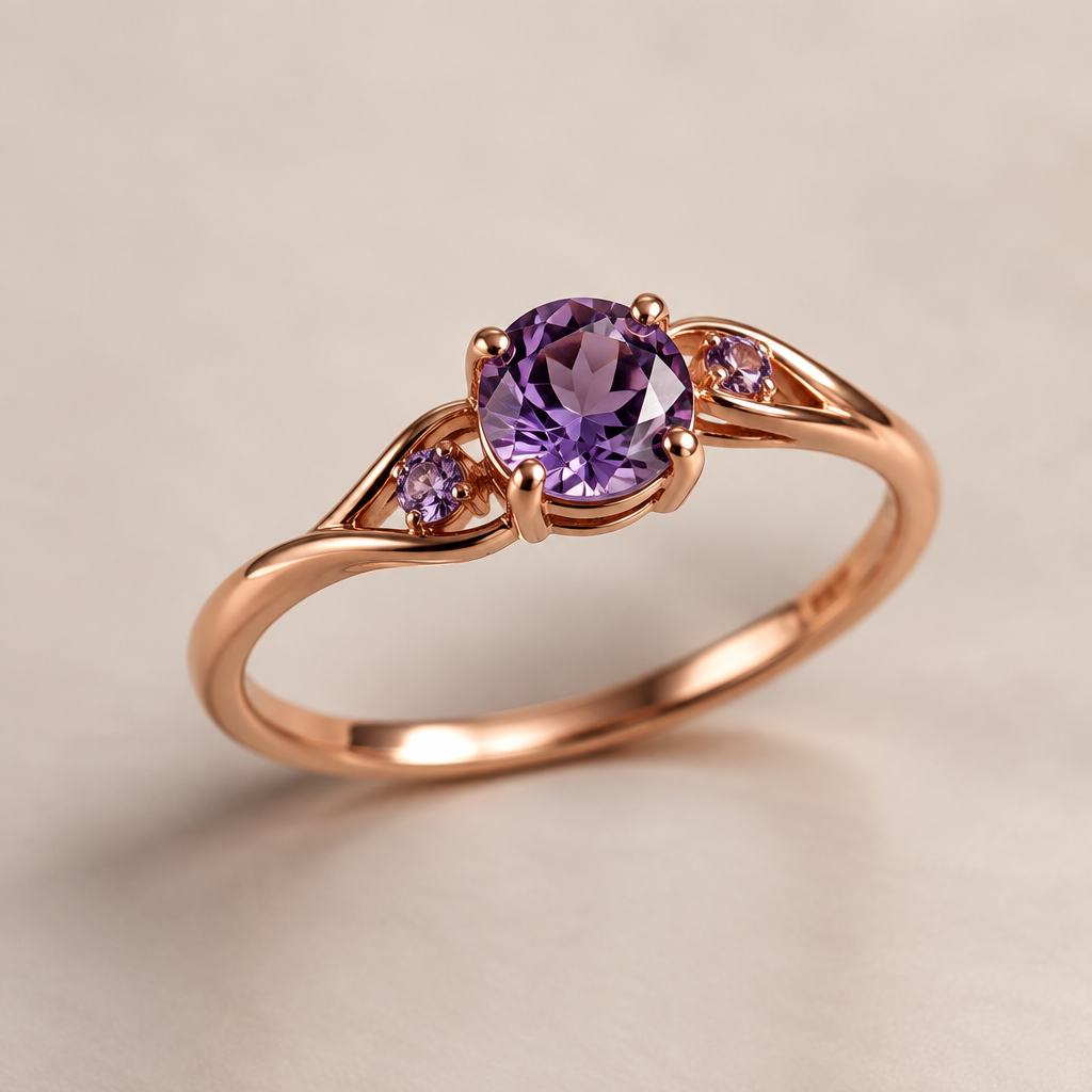 A rose gold women's ring made of copper with amethyst stones, minimalist, simple and delicate, clean lines
photorealistic jewelry design, A rose gold women's ring made of copper with amethyst stones, minimalist, simple and delicate, clean lines, rose_gold style, just the design no text