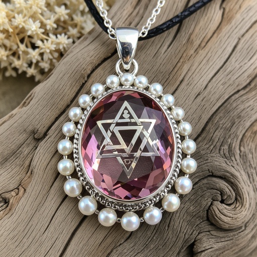 A Merkabah symbol with pink quartz and pearls