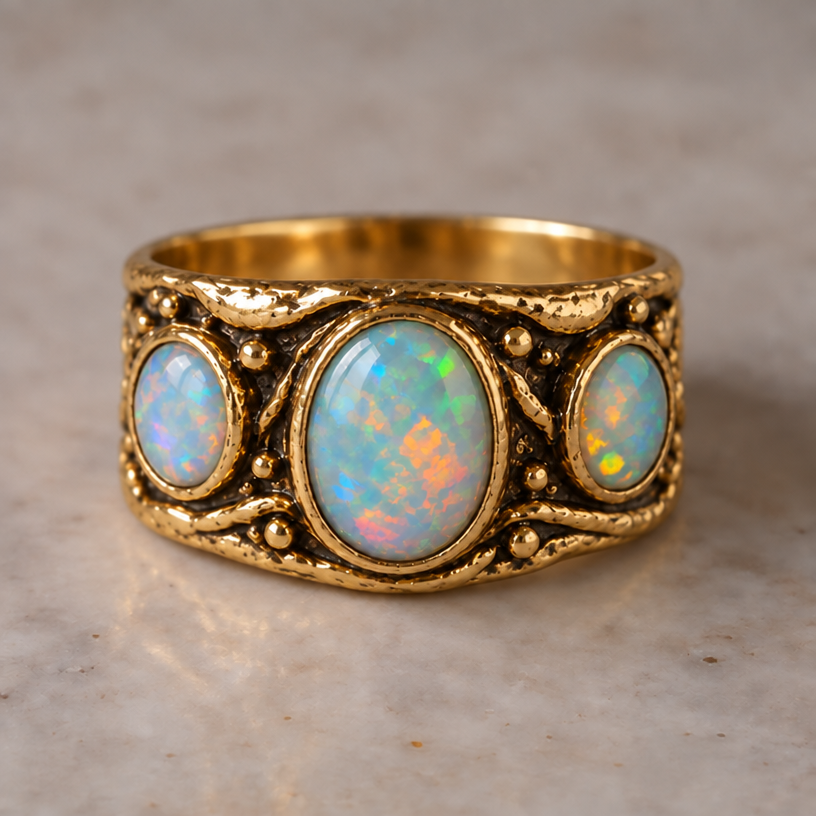 Restyled: make opals oval shappe
Restyle the jewelry piece in the image: make opals oval shappe. Keep the overall design and composition unless instructed otherwise. Photorealistic jewelry photograph, no text.
