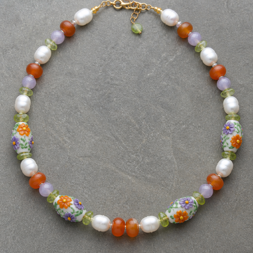Lamp work beads with orange white purple flowers with green vines 14mm x 8mm, lavender faceted opaque crystals 7.5mm rounds, potato shaped white freshwater pearls 9mm, peridot chips 7.5mm, orange carnelian rondels 9.5mm x 5mm necklace
photorealistic jewelry design, Lamp work beads with orange white purple flowers with green vines 14mm x 8mm, lavender faceted opaque crystals 7.5mm rounds, potato shaped white freshwater pearls 9mm, peridot chips 7.5mm, orange carnelian rondels 9.5mm x 5mm necklace , bohemian style, just the design no text