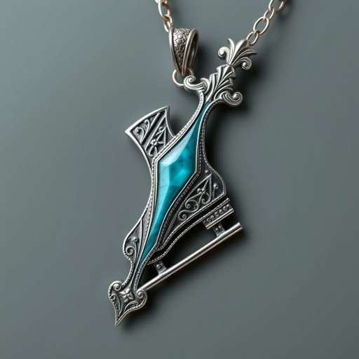 Silver pendant in the shape of ice skating blades with a turquoise stripe within the blade