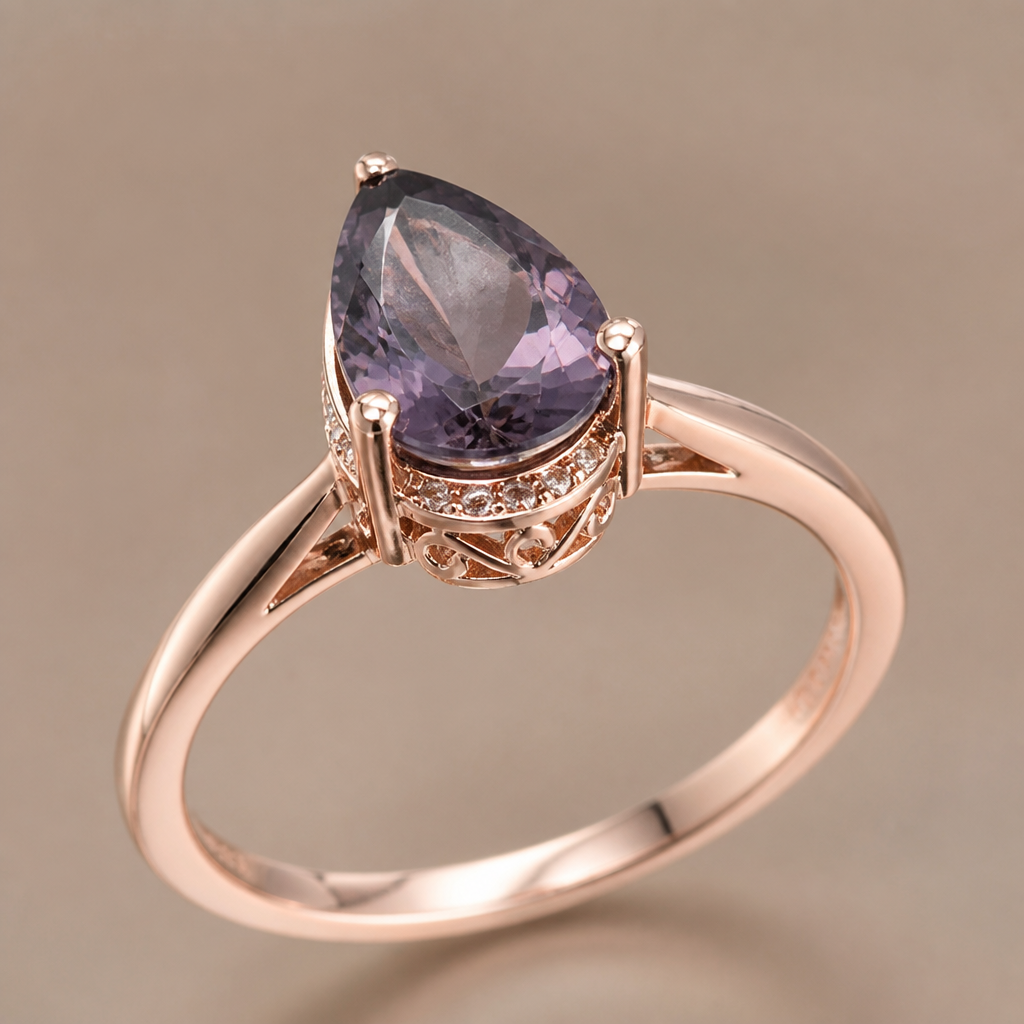 mystic purple gray pear shape ring with hidden halo under by the crown and prongs in rose gold setting
photorealistic jewelry design, mystic purple gray pear shape ring with hidden halo under by the crown and prongs in rose gold setting, just the design no text