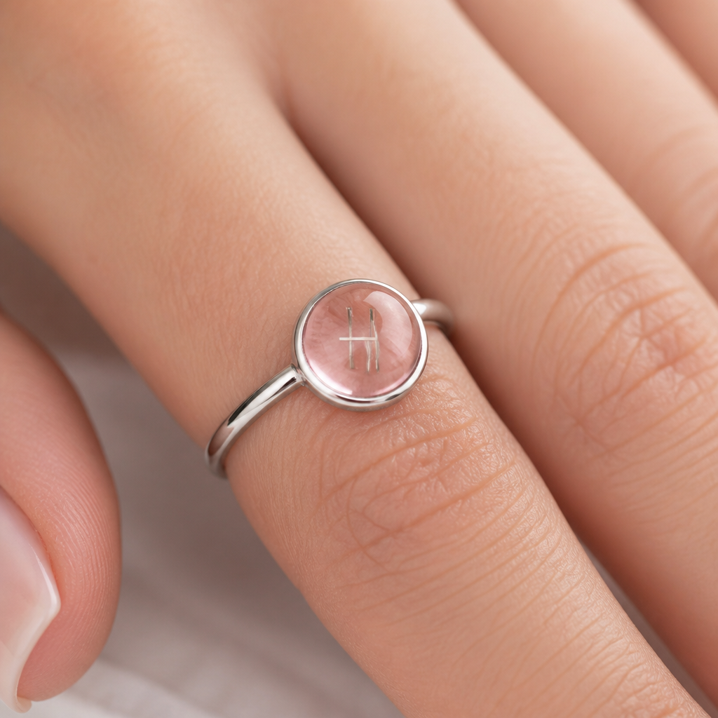A women's ring. Изящное женское обручальное кольцо из полированного серебра, тонкая гладкая оправа. В центре — неподвижная круглая вставка из прозрачного розового кварца (или розового стекла) идеально сферической формы. Внутри шара, словно паря в объёме, расположен минималистичный монограммный знак из букв «Н» и «А»: они имеют общую вертикальную центральную черту, слева от неё горизонтальная перекладина буквы «А», справа — две вертикальные стойки буквы «Н», все линии чёткие, тонкие, серебристого цвета, без лишних деталей. Буквы не касаются стенок шара, визуально зависают внутри. Кольцо выполнено в стиле минимализм, изящная ажурная или сплошная ширина не более 3 мм. Фон — студийная бесконечность, мягкий рассеянный свет, подчёркивающий прозрачность шара и блеск серебра. Крупный план, макро, рука модели с аккуратным маникюром.
photorealistic jewelry design, A women's ring. Изящное женское обручальное кольцо из полированного серебра, тонкая гладкая оправа. В центре — неподвижная круглая вставка из прозрачного розового кварца (или розового стекла) идеально сферической формы. Внутри шара, словно паря в объёме, расположен минималистичный монограммный знак из букв «Н» и «А»: они имеют общую вертикальную центральную черту, слева от неё горизонтальная перекладина буквы «А», справа — две вертикальные стойки буквы «Н», все линии чёткие, тонкие, серебристого цвета, без лишних деталей. Буквы не касаются стенок шара, визуально зависают внутри. Кольцо выполнено в стиле минимализм, изящная ажурная или сплошная ширина не более 3 мм. Фон — студийная бесконечность, мягкий рассеянный свет, подчёркивающий прозрачность шара и блеск серебра. Крупный план, макро, рука модели с аккуратным маникюром., modern style, just the design no text