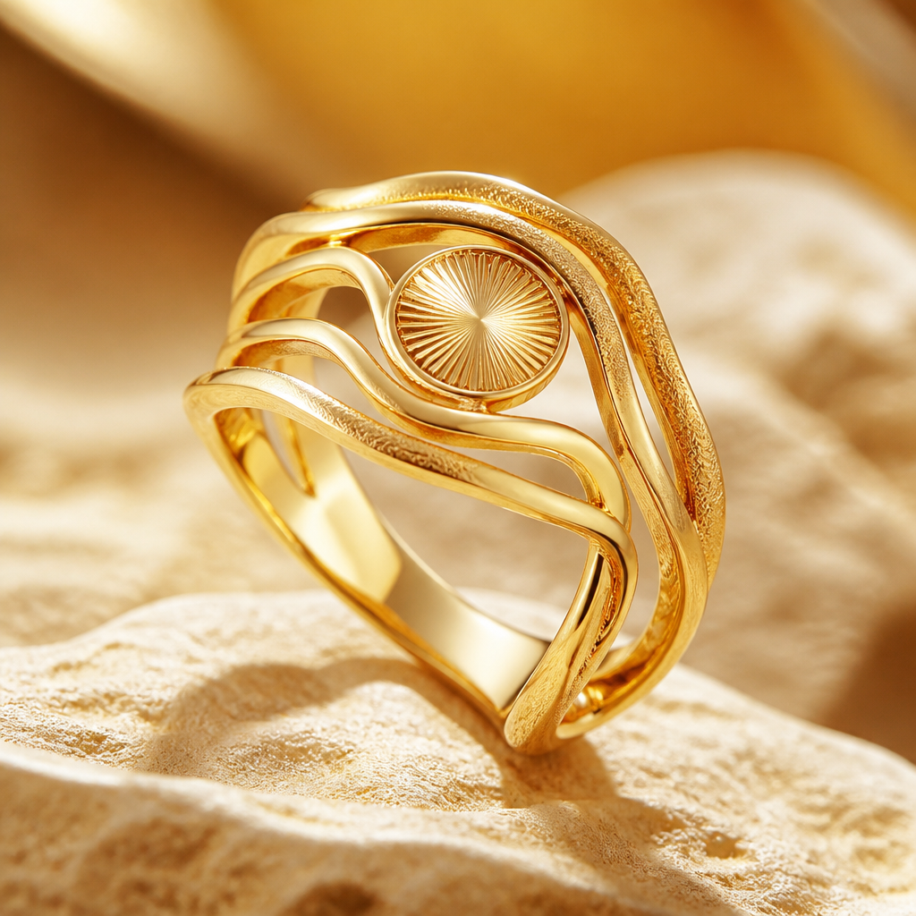 A women's ring. A gold set design that combines the desert wind, sand and sun
photorealistic jewelry design, A women's ring. A gold set design that combines the desert wind, sand and sun, modern style, just the design no text