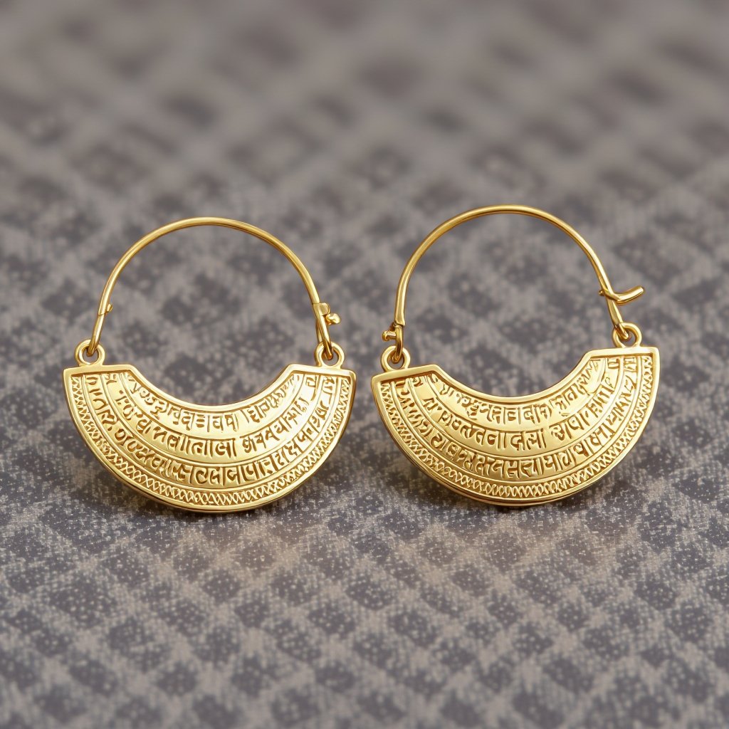 Серьги золотые в форме полукруга, полукруг как продолжение застежки с мантрами на санскрите