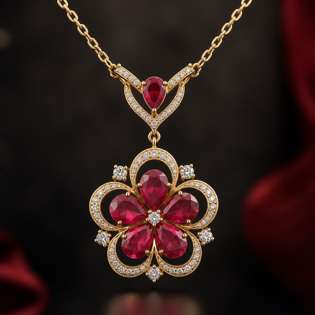 A romantic women's necklace made of gold with ruby stones suitable for formal. အထက်တွင် ပြပေးထားသော ကျနော်၏ပုံပါ ruby ၆ ပွင့်ကို အခြေခံပြီး ခေတ်မှီမော်ဒန်ဒီဇိုင်း ဆွဲသီးပုံစံ ဖန်တီးပြုလုပ်ပေးပါ။ပုံထုတ်မည်။
photorealistic jewelry design, A romantic women's necklace made of gold with ruby stones suitable for formal. အထက်တွင် ပြပေးထားသော ကျနော်၏ပုံပါ ruby ၆ ပွင့်ကို အခြေခံပြီး ခေတ်မှီမော်ဒန်ဒီဇိုင်း ဆွဲသီးပုံစံ ဖန်တီးပြုလုပ်ပေးပါ။ပုံထုတ်မည်။, romantic style, just the design no text