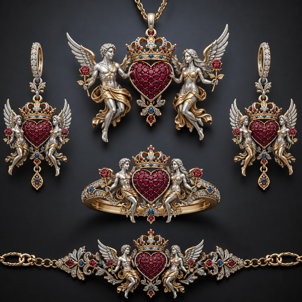 A royal women's ring made of mixed metal with diamond and ruby and sapphire stones suitable for wedding. An extraordinary excellent beautiful delicate and elegant set of jewelry with one ring, two ear rings, one pendant and one bracelet, with a heart in the middle which will be full of rubies, an extraordinary beautiful delicate and elegant female Angel with long hair at the right side of the heart and an extraordinary fit beautiful delicate and elegant male Angel at the left side of the heart, both Angels are to hold a heart with their right hand and a rose with their left hand, over the central heart is to be placed a beautiful, delicate elegant and extraordinary excellent crown with a diamond at the middle of the crown and around the crown to be placed rubies and sapphires the crown to be placed on the heart.