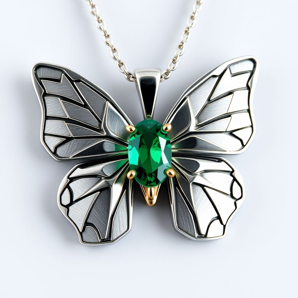 Pendany of geomatric butterfly of diamonds Use a combination of brushed matte silver and high-shine gold accents for contrast. Incorporate a single, oval-cut gemstone-perhaps a striking emerald-set at an unconventional angle, creating a bold focal point that exudes contemporary elegance and sophistication.