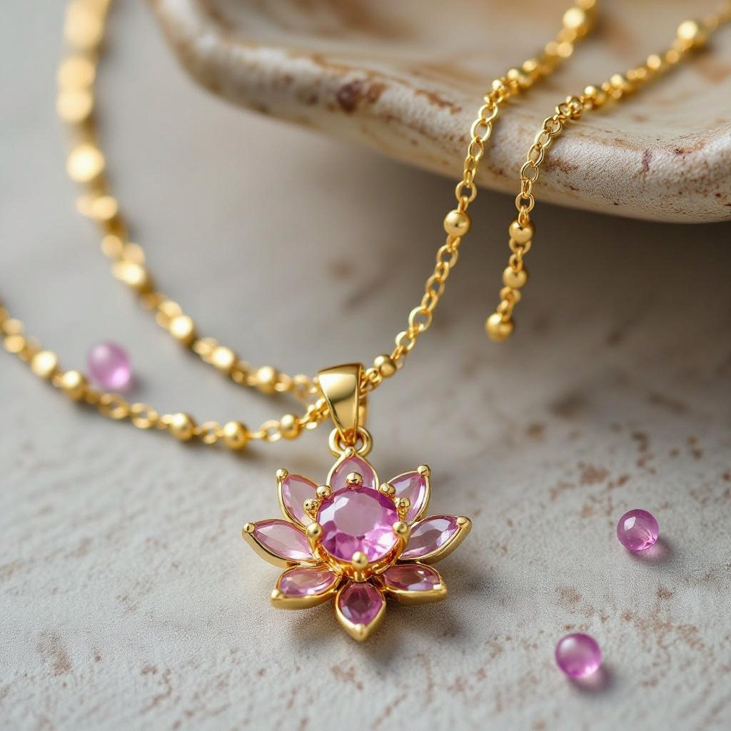Цепочка из золота с золотыми мелкими шариками и мелкими из мелкого розового кварца посредине лотос от лотоса идут цепочки золотые вниз